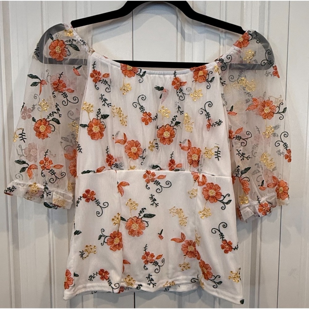 Ember Women's Small Floral Embroidered Off Shoulder Blouse White Orange Boho Top